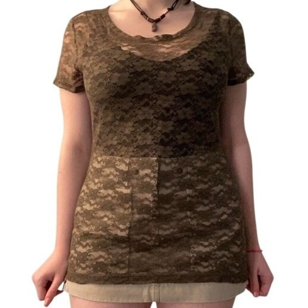H&M Conscious Collection Olive Green Sheer Floral Lace Top Tee Medium